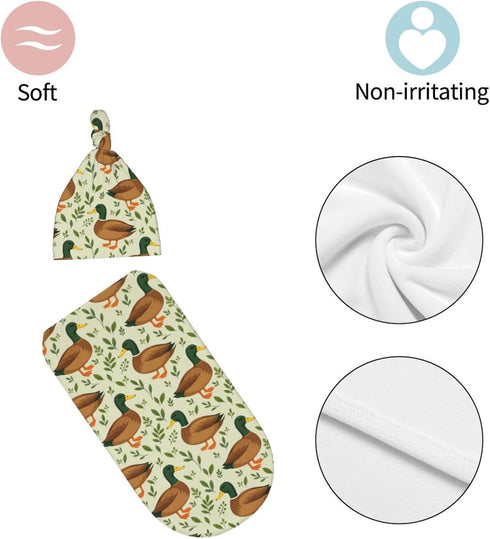Set KiuLoam Cute Mallard Duck Leaf Animal Print Newborn Swaddle Blanket with Hat Soft Newborn Receiving Blankets Baby