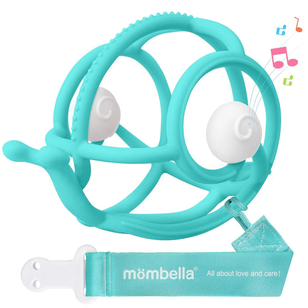 Mombella Teething Toys 6-12 Months - 2 in 1 Snail Baby Teether & Rattle Toys, BPA FREE (Teal)