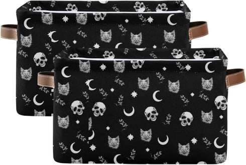 Storage Basket Bin with Skull Cat Moon Gothic Pattern, Collapsible Organizer Basket for Nursery Bedroom