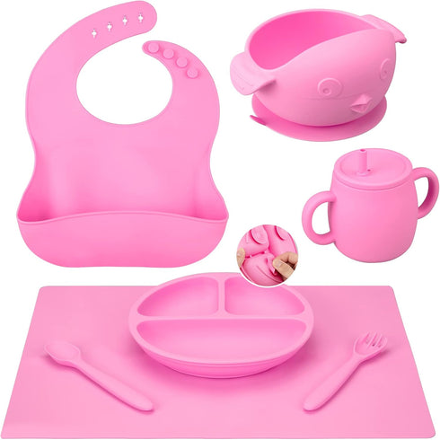 Baby Feeding Utensils Set, 7 Pcs Silicone Toddler Supplies - Adjustable Bibs, Suction Divided Plate, Placemat, Sippy Cup