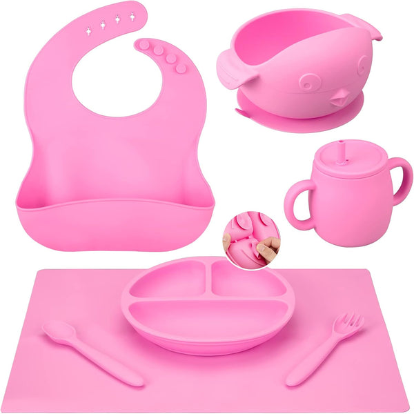 Baby Feeding Utensils Set, 7 Pcs Silicone Toddler Supplies - Adjustable Bibs, Suction Divided Plate, Placemat, Sippy Cup