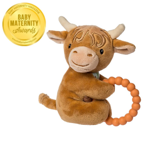 6-Inches, Mary Meyer Soft Baby Rattle with Soothing Teether Ring, Hetty Highland Cow