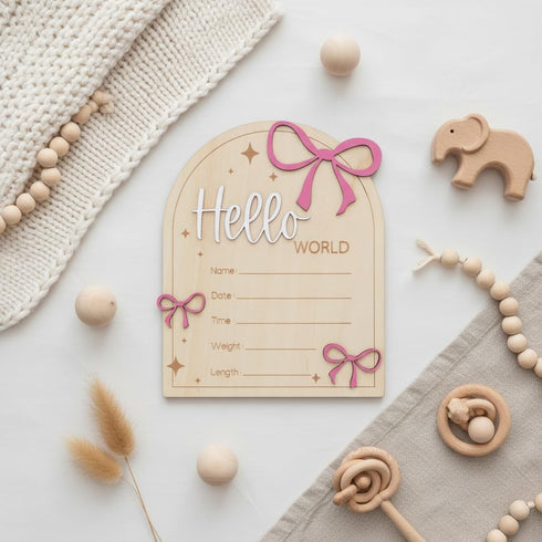 Hello World Baby Birth Stats Sign Wooden Keepsake with Pink Bow, Newborn Photo Prop, Nursery Decor, Baby Shower (Pink)