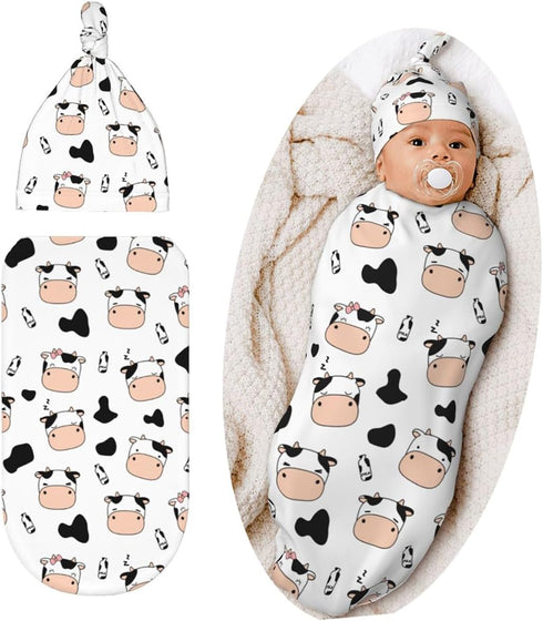 Cute Cow Print Swaddle Blanket Hat Set for Boys Girls, Soft Newborn Sleeping Sack Receiving Blanket Shower Gift