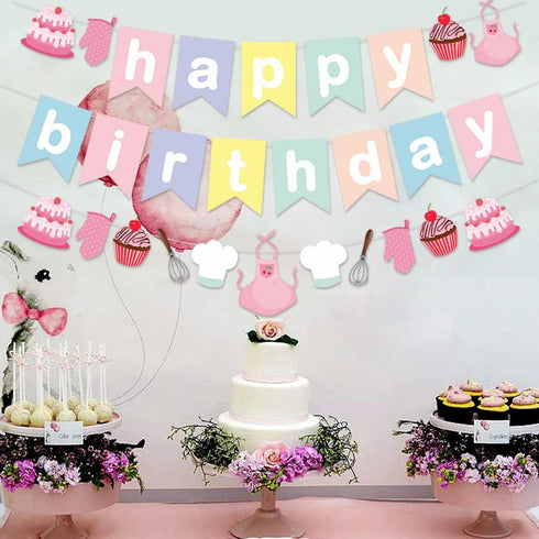 Baking Theme Macaroon Color Happy Birthday Bunting Garland Banner for Little Bakers Kids Birthday Party Supplies