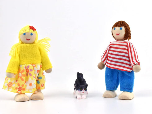 Wooden Dollhouse People Family with 2 Pets (Dog and Cat), 2-4 Inches Doll House Dolls