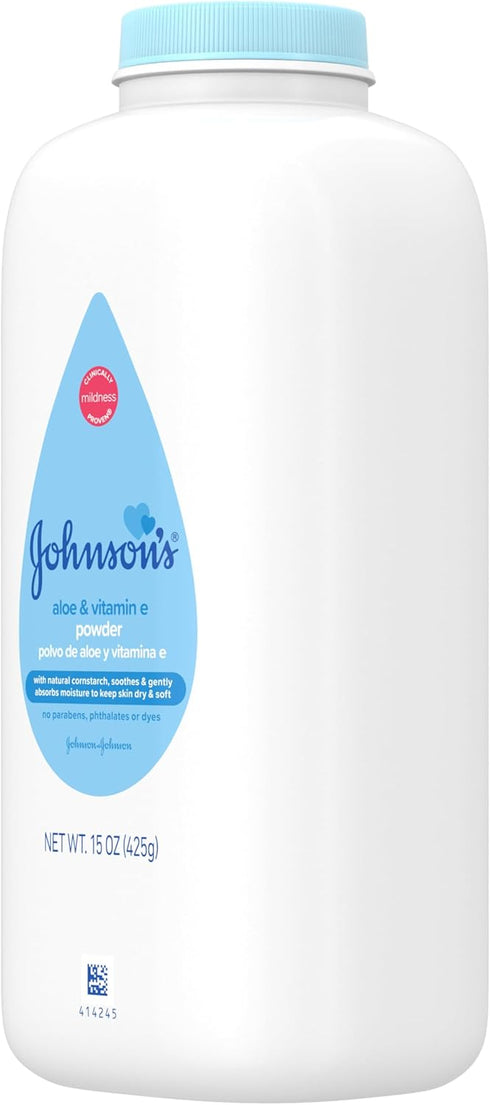 15 oz Johnson's Baby Powder with Naturally Derived Cornstarch, Aloe & Vitamin E for Delicate Skin, Hypoallergenic, Free