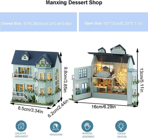 Montidey LED,1:24 DIY Miniature Wooden Dollhouse Furniture Kit,Mini Handmade Doll House with Scale Creative Woodcrafts