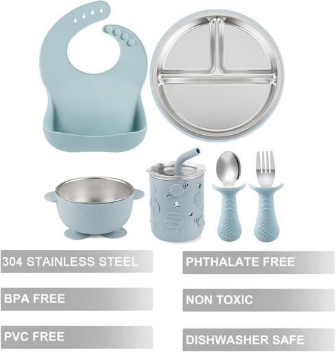 6-in-1 Set PandaEar Stainless Steel Baby Feeding | Divided Suction Plate, Bowl, Sippy Cup with Straw, Bib, Spoon & Fork