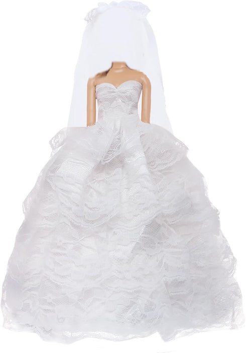 Doll Wedding Dress Handmade Gown White Bride Veil Evening Party Princess Outfit