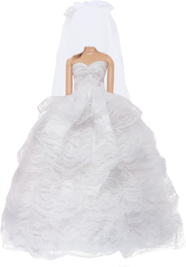 Doll Wedding Dress Handmade Gown White Bride Veil Evening Party Princess Outfit