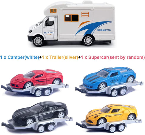 Toy Camper RV Trailer Towing Supercar, Diecast Motorhome Toys for Boys, Pull Back Cars for Outdoor Adventure Play Set