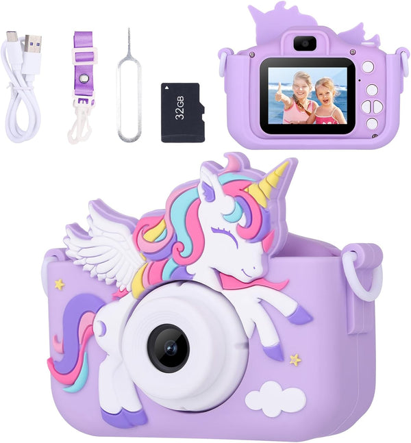 Unicorn Toys Camera for Kids Girls Age 3-8, Digital Selfie Video Camera with HD 1080P, 32GB SD Card, Purple