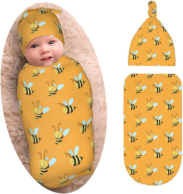 Cute Bee Baby Stuff Newborn Swaddle Blanket with Beanie Set, Soft Stretchy Swaddle Sack for Boy and Girl