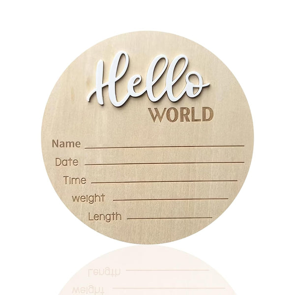 Baby Announcement Sign, 5.9 Inch Wooden Hello World Newborn Signs, Birth Announcement
