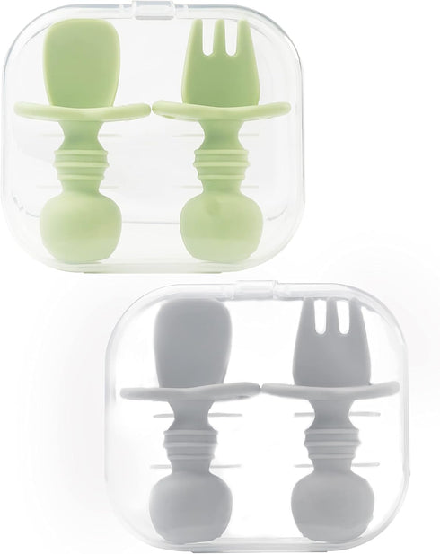 DF DUALFERV 4 Pcs Baby Spoons for Self Feeding, Silicone Toddler Utensils with 2 Cases, Green, Grey