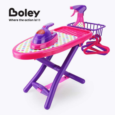 Boley Pretend Play Laundry Playset - 8-Piece Pink and Purple Toy Ironing Board Set with Realistic Lights & Sounds