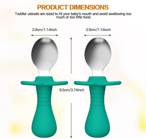 2 Pcs Baby Spoons Toddler Spoons for Self Feeding, Stainless Steel Kids Spoons with Silicone Round Handle, BPA Free