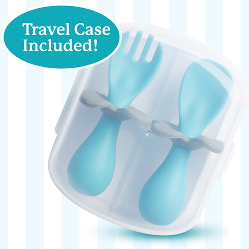Mars Baby Flower Design Self-Feeding Training Utensils for Toddlers, Easy to Hold Weaning Tools, Blue