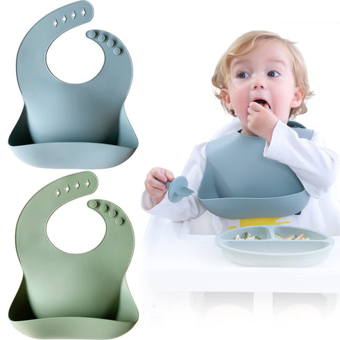 Moonkie Silicone Baby Bibs Set of 2, BPA Free Waterproof Adjustable Bibs for Babies & Toddlers (Ether/Sage)