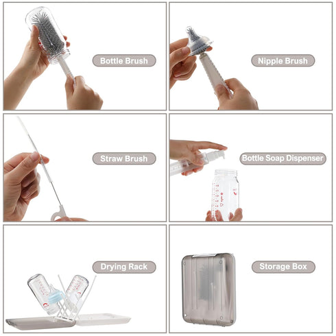 6 in 1 Bottle Cleaning Brush Set, Silicone Brush, Nipple Brush, Straw Brush, Drying Rack for Baby Bottles