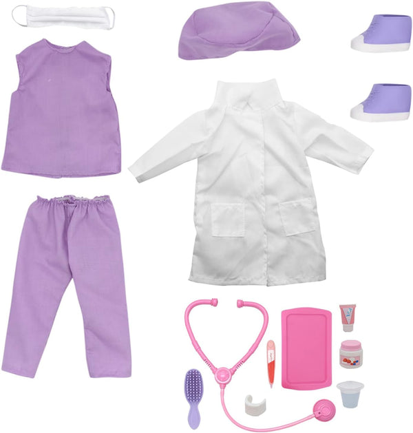 New Adventures Style Girls 18" Doctor Dress Up Set - 15 Piece Outfit & Accessory Set, Dress Up, Purple White & Pink