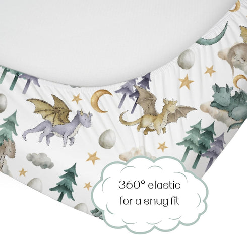 52" 28" HawSkgFub Watercolor Cute Dragon Fairy Tale Fitted Standard Crib Sheet Baby Boy, Cloud Moon Star Dragons Egg