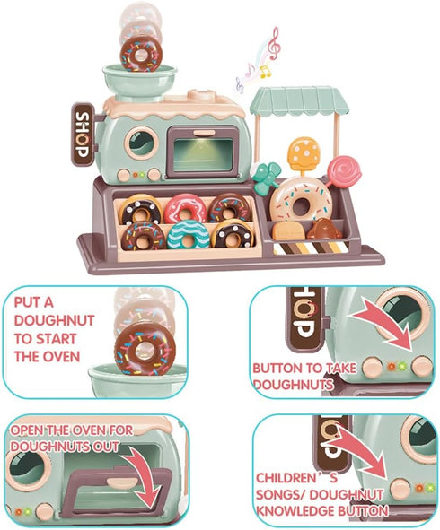 yoliyogo 34pcs Playset Pretend Play Donut Toy Candy Store Toy Realistic Functional Donut Oven with Lights and Sound