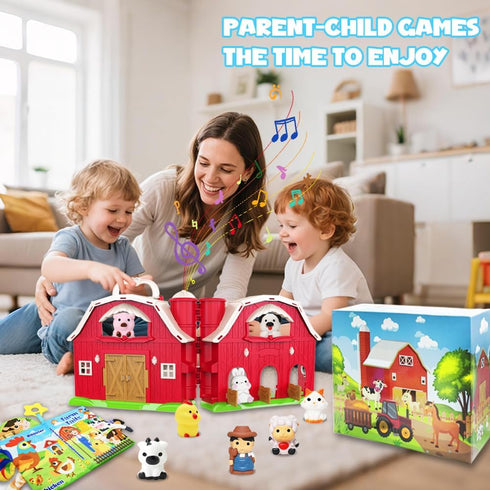BOLZRA 1-3, 12-18 Musical Red Barn Farm Animal Toys with Tails Baby Book, Educational Preschool Farm Animals Finger