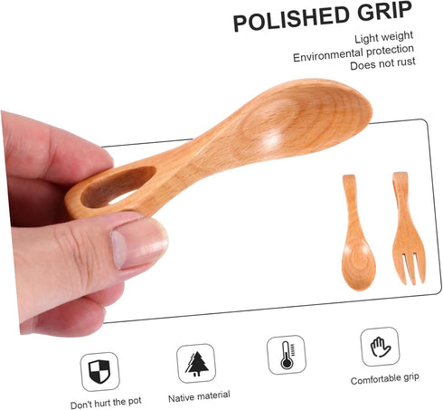 1 Set Wooden Spoon Fork Kid Utensils - Kids Training Tableware, Vintage Style