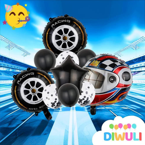 DIWULI Race Motorsport Balloon Set - Racetrack Tires Helmet Wheels Drivers Themed Racing Balloon Set, Decorations for Birthday Boy Girl, Foil Balloons, Globo Fiesta, Birthday Decoration Supplies