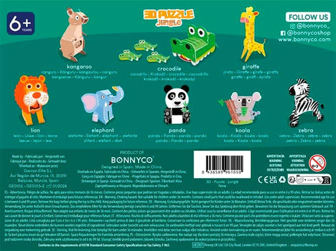 BONNYCO 3D Puzzles for Kids Toys Pack 8 - Educational Jungle Animals 3D Puzzle for Boys and Girls, Birthday Gifts