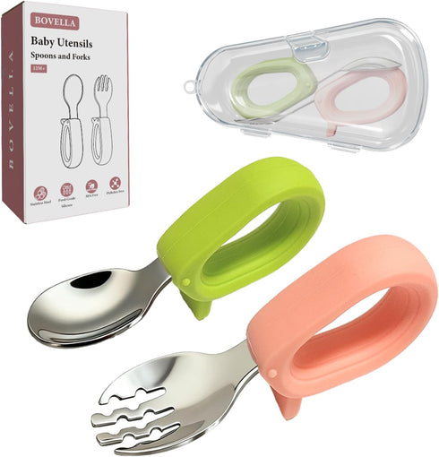BOVELLA Toddler Utensils, Stainless Steel Baby Forks and Spoons Set with Silicone Handle,