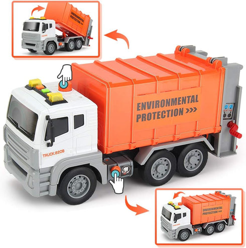 12" 4 Garbage Truck Toys Trash Truck Dump Truck with Garbage Cans, Friction Powered Truck with Sound and Light,Push