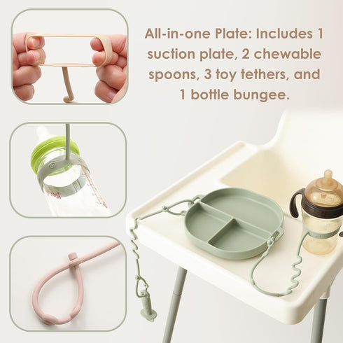 Silicone Plates for Babies with Suction, Divided Baby Spoons, Toy Straps, Placemat, Tethers & Built-in Suction Cups -