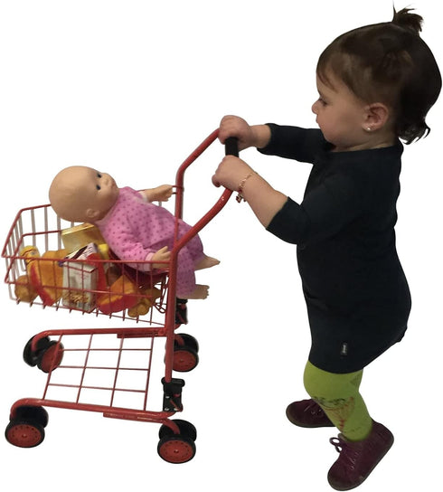 The New York Doll Collection Toy Shopping Cart for Kids - Includes Food, Folds for Easy Storage, Red