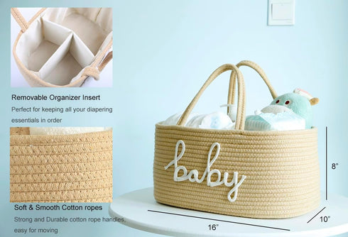 ZOMBATI Baby Diaper Caddy Organizer, Large Nursery Storage Bin Basket for Baby Shower and Baby Wipes- Cotton Rope