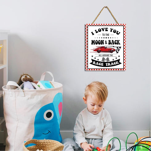 Gwisml Race Car Wall Decor for Boys Room,Race Car Themed Hanging Wood Plaque Sign for Door Decor,I Love You to the Moon