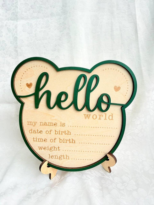 Kemmintvn Wooden Newborn Birth Announcement Ornament, Hello World Baby Keepsake Sign with Name Date Time Weight Length