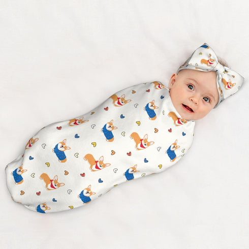 Broiteid Set,Baby Dog Corgi Baby Stuff Newborn Swaddle Blanket with Beanie Hat and Headband Swaddle Blanket Gifts