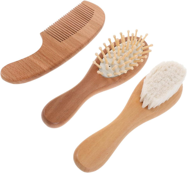 Hairbrush and Comb Set for Boys with Soft Wool Bristles, Beech Wood