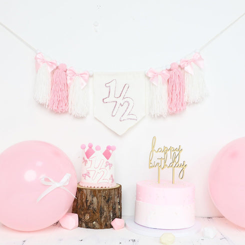 1/2 6 Birthday High Chair Banner, Half-Year Crown Hat, Months Party Decorations, Baby Photo Props with Pink Bow