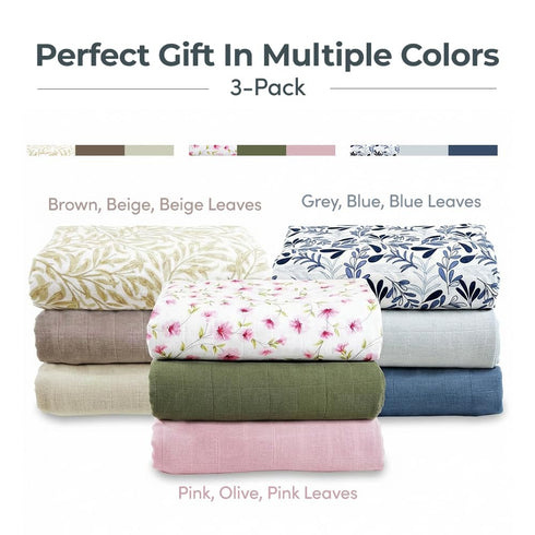 MOZAH 3 Pack Organic Muslin Swaddle Blankets - Pink, Olive and Pink Leaves - - for Baby Boy or Girl - Ideal