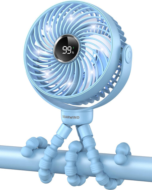 Portable Stroller Fan for Travel - LED Night Light Clip-on Fan Operated by Rechargeable Battery, Cordless Fan with