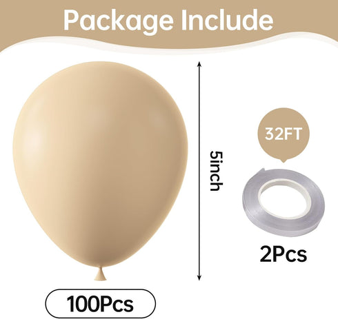 KALOR Beige Balloons, 100 Pcs 5 Inch Nude Matte Latex Balloons for Birthday Decoration, Wedding Party, Baby Shower,