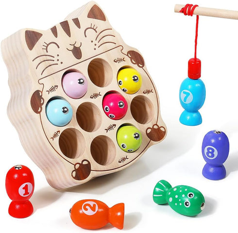 Toddler Montessori Toy Wooden Fishing Game for Kids 1-3 Years Old, Educational Hand Eye Coordination Skill Activity for