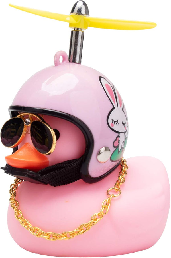 wonuu Pink Duck Car Dashboard Decorations Rubber Duck Car Ornaments with Propeller Helmet Sunglasses Gold Chain