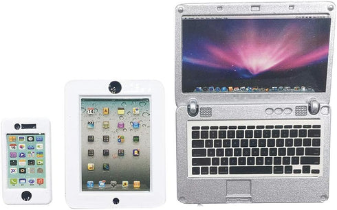 3 Pack Mini Dollhouse Laptop, Tablet, and Smartphone Accessories for 1/6 1/12 Miniatures, Silver