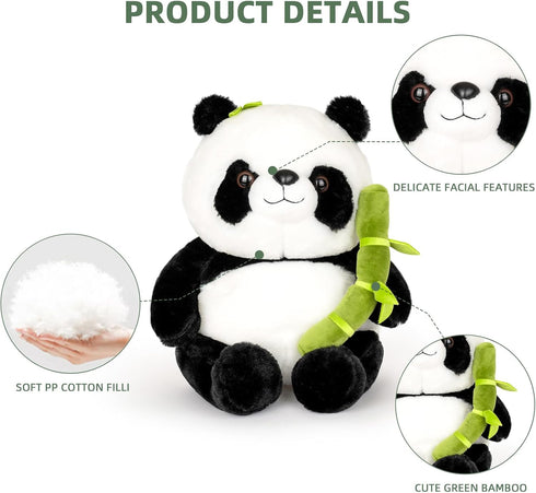 9'' Panda Stuffed Animal Plush Toys, Cute Black and White Panda Doll Gifts with Bamboo Plushies