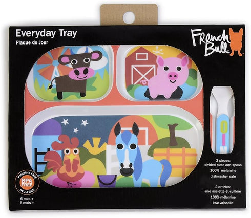 French Bull 11" Kids Everyday Tray - Divided Tray and Spoon Set, Farm Animals (74411)
